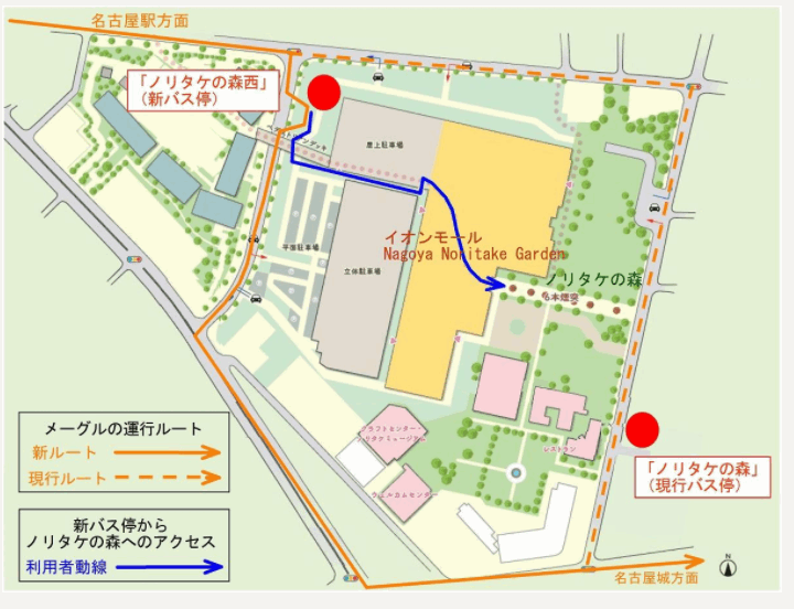 イオンモールノリタケガーデン名古屋観光ルートバス「メーグル」のバス停の位置